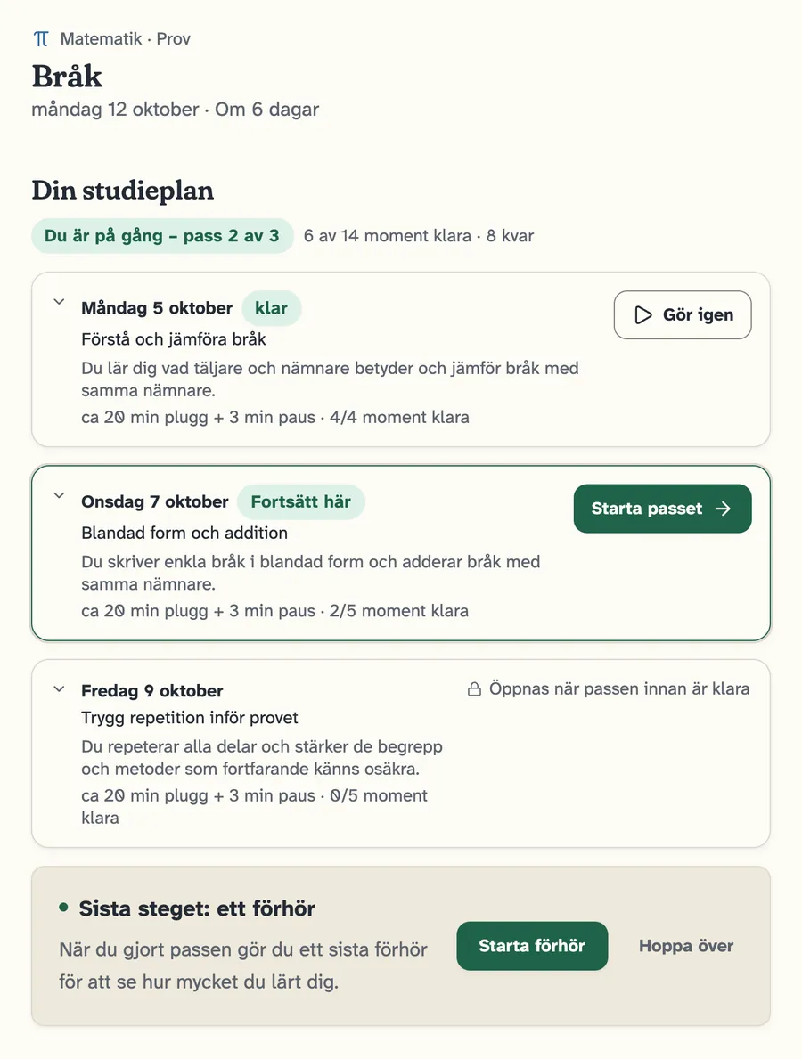 Barnets studieplan inför bråkprovet: måndagens pass är klart, onsdagens pass är nästa steg, fredagens repetition öppnas när passen innan är klara och sist kommer ett förhör.
